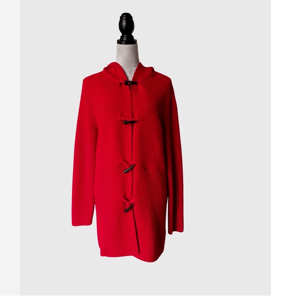 Chaps Womens Red Hooded Toggle Front Cardigan Sweater Size M Longline Knit
